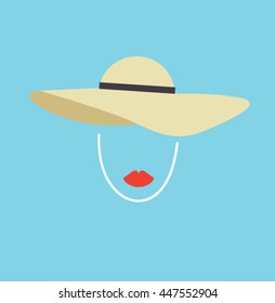 Red lips and sun hat on a blue background. Women's accessories flat illustration for summer time