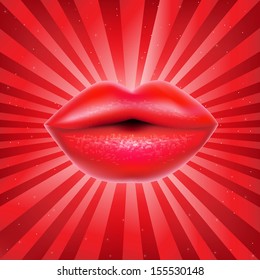 Red Lips With Sunburst, With Gradient Mesh, Vector Illustration