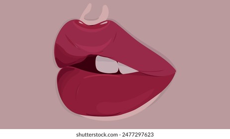 Red lips with teeth close up, juicy female lips with highlights