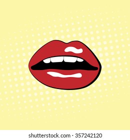 Red lips with teeth. Pop-art background. Vector