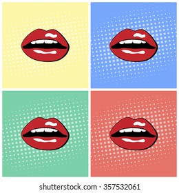 Red lips with teeth. Pop-art set backgrounds. Vector