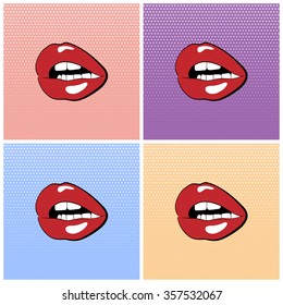 Red lips with teeth. Pop-art set backgrounds. Vector