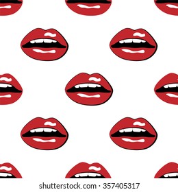Red lips with teeth pop-art style. Seamless pattern. Vector