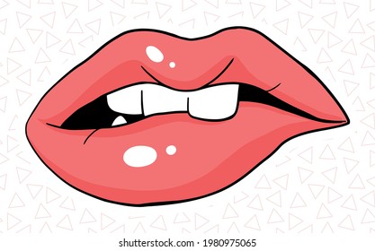 red lips with teeth in stylized cartoon style with black lines