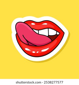 Labios rojos y etiqueta engomada de la lengua en Ilustración vectorial de estilo retro sobre fondo amarillo. Imagen de dibujos animados de boca abierta