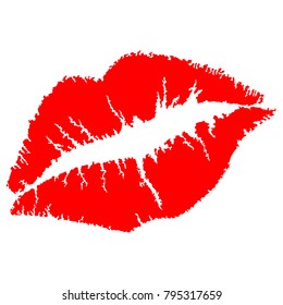  Red lips track on white background Lipstick kiss, isolated on white
