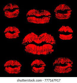 Red lips track print set. Stamp of mouth collection. Vector illustration.
