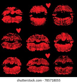Red lips track print set. Stamp of mouth collection. Vector illustration.