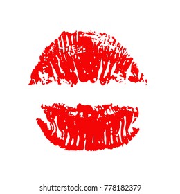 Red lips track print. Stamp of mouth. Vector illustration.