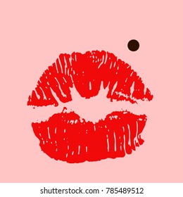 Red lips track print. Stamp of mouth. Vector illustration.