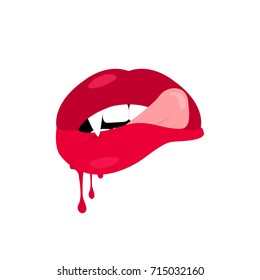 Red lips. Vampire tooth with blood. Vector illustration.