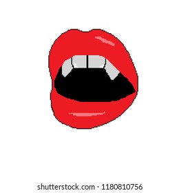 Red lips and a vampire's teeth on a white background. Pixel art. Vector illustration.