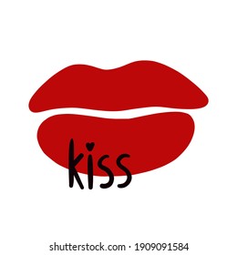 Red lips, vector doodle. Lettering kiss. Hand drawn doodles in color. Isolated on white background