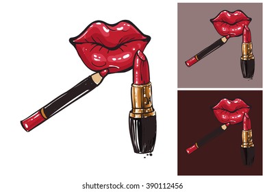 Red lips vector fashion image. Label with glamour red lips. Vogue beautiful red lips. Isolated element on white, gray and dark background.