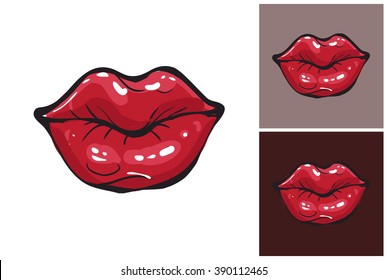Red lips vector fashion image. Label with glamour red lips. Vogue beautiful red lips. Isolated element on white, gray and dark background.
