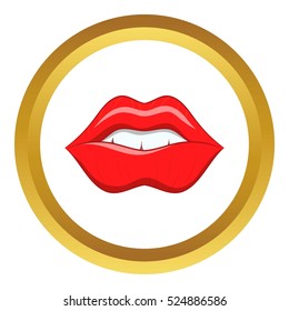 Red lips vector icon in golden circle, cartoon style isolated on white background