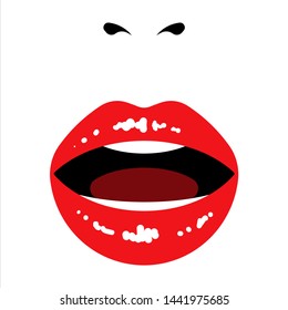 Red lips. Vector illustration of sexy woman's lips. Mouth and nose. Isolated on white.