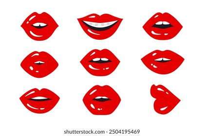 Red Lips Vector Set. Smile Kiss Sexy Mouth. Beauty Female Woman Illustration Isolated on White Background.