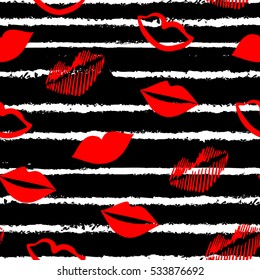 Red lips and white lines on black background. Valentines day ornament for textile and wrapping.