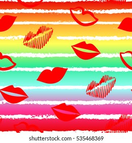 Los labios rojos y las líneas blancas en el fondo del arco iris. Color adorno para textiles y envolturas.