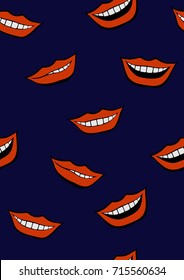 Red lips with white teeth smile isolate on a blue background seamless vector. 90s fashion