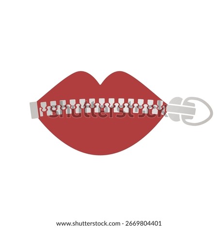 Red lips with a zipper, symbolizing secrecy, silence concept, confidentiality, or hidden truth. Vector illustration