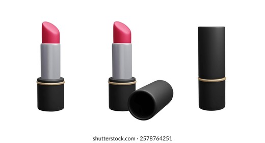 Red lipstick 3D realistic vector render. Red lipstick in a luxury black lip gloss case package. 3D beauty makeup cosmetic product, skincare lip balm treatment, decorative cosmetics isolated on white.