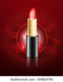 Red lipstick ads template. Red lipstick on a background with bokeh elements. 3d illustration. Design for ads or magazine. EPS10 vector