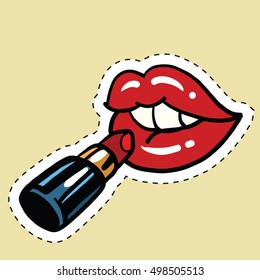 Red lipstick applied to the lips