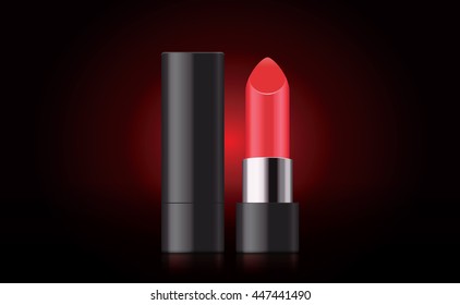 Red lipstick and black case closed and opened on dark background