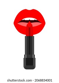 Red lipstick in a black case in front of an open female mouth with red lips and white teeth. Fashion vector illustration