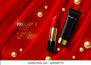 Red lipstick and black cream tube ads poster template. Premium cosmetic product. Packaging mockup design. Cosmetics on silk fabric background. 3d vector illustration. Makeup or visage concept