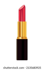 Palo de labios rojo en un tubo negro con guarnecido dorado sobre un fondo blanco. Ilustración vectorial de la barra de labios roja abierta.Cierre de la hermosa barra de labios. Icono de lápiz labial rojo. Ilustración del vector