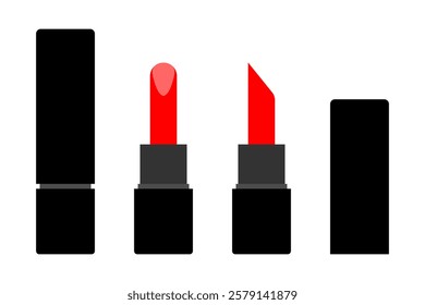 Red lipstick in black tube. Open and closed tube. Lipstick flat icons. Vector illustration isolated on white background.