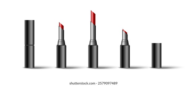 Red lipstick in black tube with shadow. Open and closed tube. Realistic mockup illustration isolated on white background. Vector EPS10