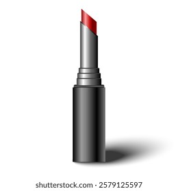 Red lipstick in black tube with shadow. Realistic open tube mock up illustration isolated on white background. Vector EPS10