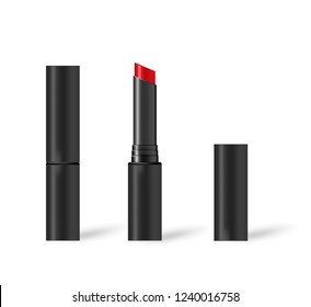 Red lipstick in black tube, vector mock-up. Open and closed. Lip rouge on white background, realistic mockup illustration.