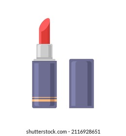 Palo de labio rojo en un contenedor azul con ilustración plana vectorial de tapa abierta. Atractivo cosmético decorativo de brillo de labios hidratantes para el visaje de maquillaje aislado. Elegante cuidado de labios de belleza en paquete de caja