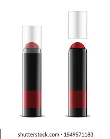 Red lipstick or blusher in black tube with clear cap, realistic vector illustration. Open and closed lip or cheek rouge isolated on white background.