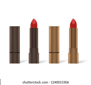 Red lipstick in bronze colored metal tube, mockup. Open and closed. Lip rouge isolated on white background, vector illustration.