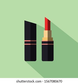 Red Lipstick Cosmetic Design Element Flat Linear Colored with Long Shadow on Green Background Vector Illustration