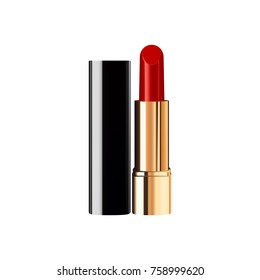 Red lipstick cosmetics in package design mock-up realistic style isolated on white background Vector Illustration with gradient mesh. Cosmetics, Fashion Beauty Make Up brand.