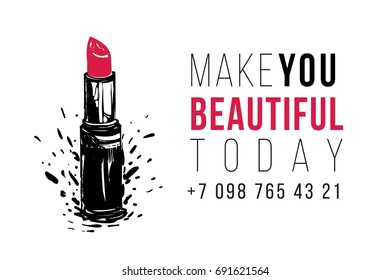 Red lipstick fashion illustration. Makeup artist logo, t-shirt design and business card concept. Hand drawn graphic vector fashion illustration in watercolor style. Black art on white background