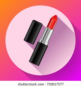 Icono plano rojo del lápiz labial, cosméticos e iconos del maquillaje