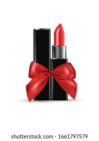 Red lipstick with a red gift bow. Beauty and cosmetics background. Use for advertising flyer, banner, leaflet. Template Vector.