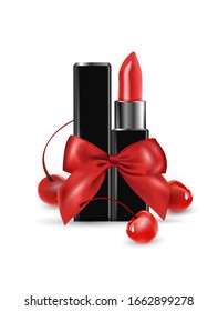 Red lipstick with a red gift bow and with red cherry. Beauty and cosmetics background. Use for advertising flyer, banner, leaflet. Template Vector.