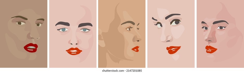 Red lipstick. Girls' Faces. Painting. Stylish portrait for fashion lifestyle design. Happy face.