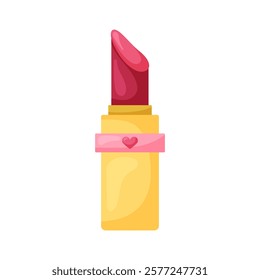 Red lipstick in gold bottle. Element for design on white background. Isolated vector illustration.