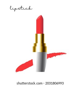 red lipstick in a gold case is isolated on a white background. realistic 3D image, smear of red lipstick, an inscription. an element of decorative cosmetics. stock vector illustration. EPS 10.