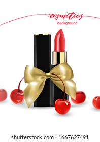 Red lipstick with a Golden gift bow,and red cherry . Beauty and cosmetics background. Use for advertising flyer, banner, leaflet. Template Vector.